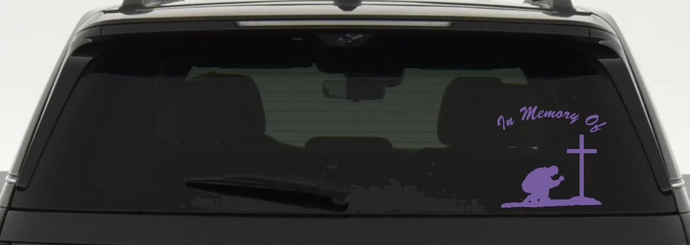 In Memory Of Man Kneeling At Cross Christian Car or Truck Window Decal Sticker (Purple)