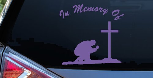 In Memory Of Man Kneeling At Cross Christian Car or Truck Window Vinyl Decal Sticker (Purple)