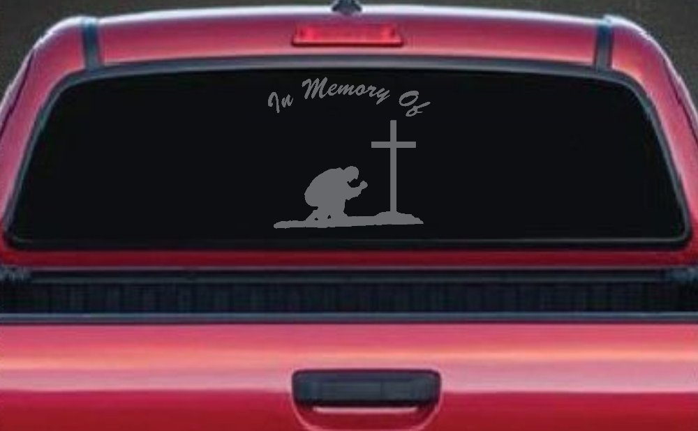 In Memory Of Man Kneeling At Cross Christian Car or Truck Window Decal Sticker