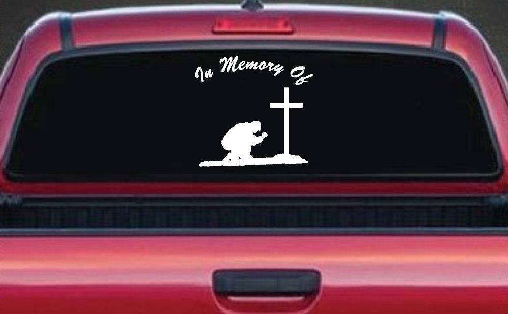 In Memory Of Man Kneeling At Cross Christian Car or Truck Window Decal Sticker
