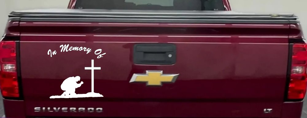 In Memory Of Man Kneeling At Cross Christian Car or Truck Window Decal Sticker (White)