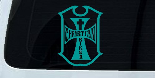 Christian Biker Cross Car or Truck Window Vinyl Decal Sticker (Turquoise)