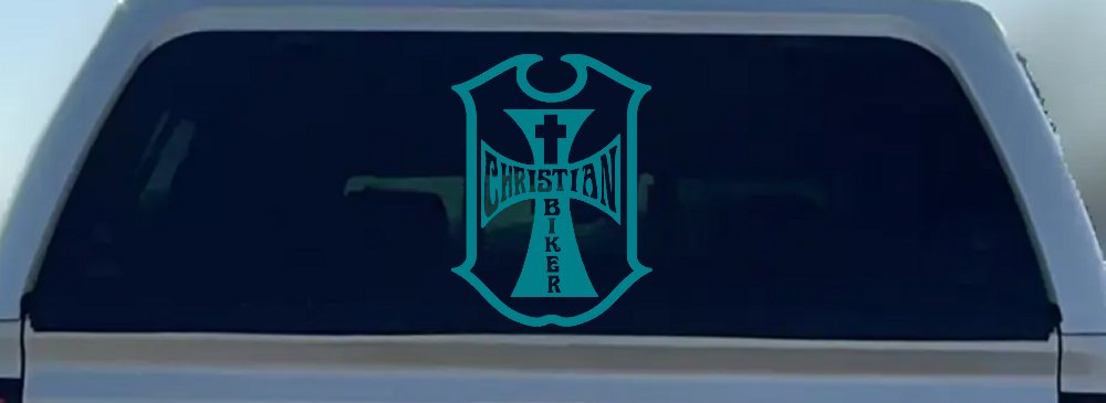 Christian Biker Cross Car or Truck Window Vinyl Decal Sticker (Turquoise Blue)