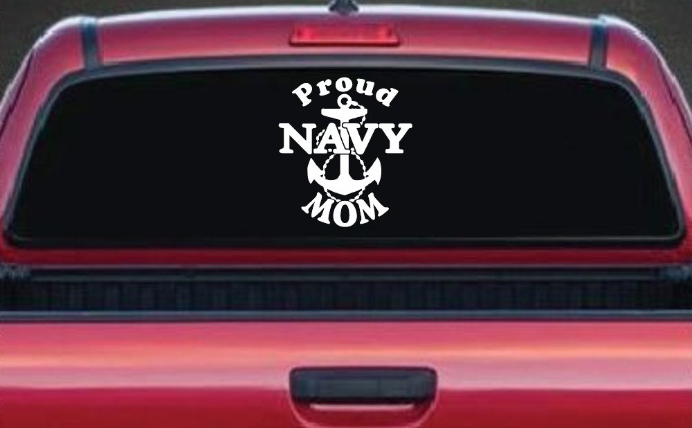 Proud Navy Mom Anchor Military Car or Truck Window Decal Sticker (White)