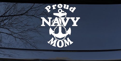 Proud Navy Mom Anchor Military Car or Truck Window Decal Sticker (White)