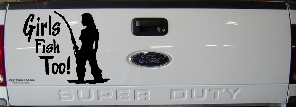 Girls Fish Too Fishing Car or Truck Window Decal Sticker (Black)