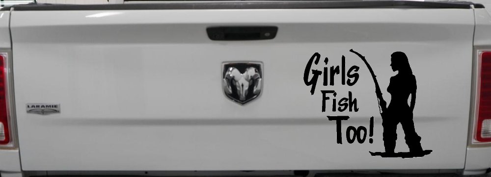 Girls Fish Too Fishing Car or Truck Window Decal Sticker (Black)