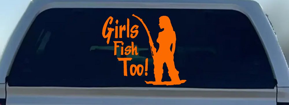Girls Fish Too Fishing Car or Truck Window Decal Sticker (Orange)