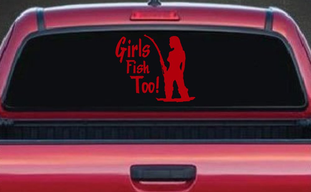 Girls Fish Too Fishing Car or Truck Window Vinyl Decal Sticker (Red)