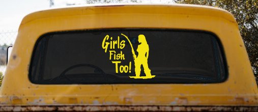 Girls Fish Too Fishing Car or Truck Window Vinyl Decal Sticker (Yellow)