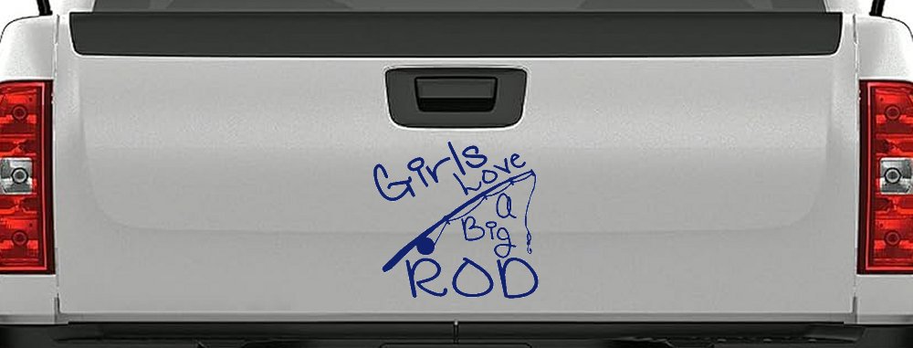 Funny Fishing Girls Love A Big Rod Fishing Car or Truck Window Decal Sticker (Navy)