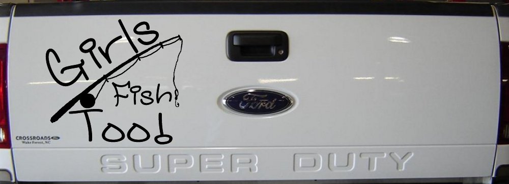 Girls Fish Too Angled Rod Fishing Car or Truck Window Vinyl Decal Sticker (Black)