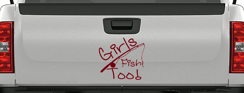 Girls Fish Too Angled Rod Fishing Car or Truck Window Vinyl Decal Sticker (Burgundy)