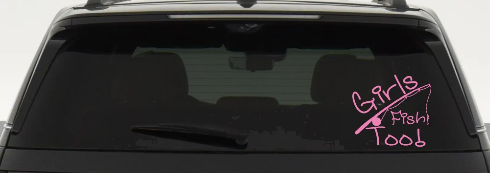 Girls Fish Too Angled Rod Fishing Car or Truck Window Decal Sticker (Pink)