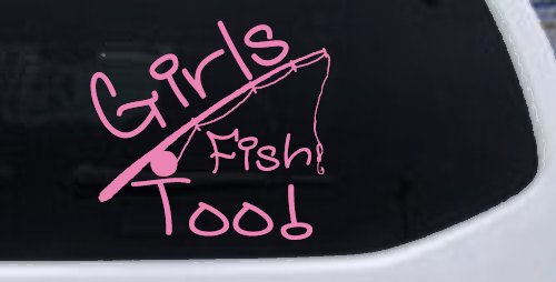 Girls Fish Too Angled Rod Fishing Car or Truck Window Decal Sticker (Pink)