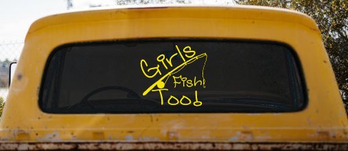 Girls Fish Too Angled Rod Fishing Car or Truck Window Vinyl Decal Sticker (Yellow)