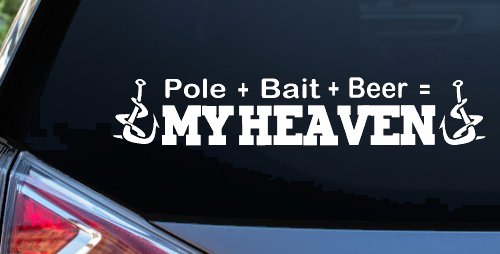 Pole Bait Beer My Heaven Fishing Car or Truck Window Decal Sticker (White)