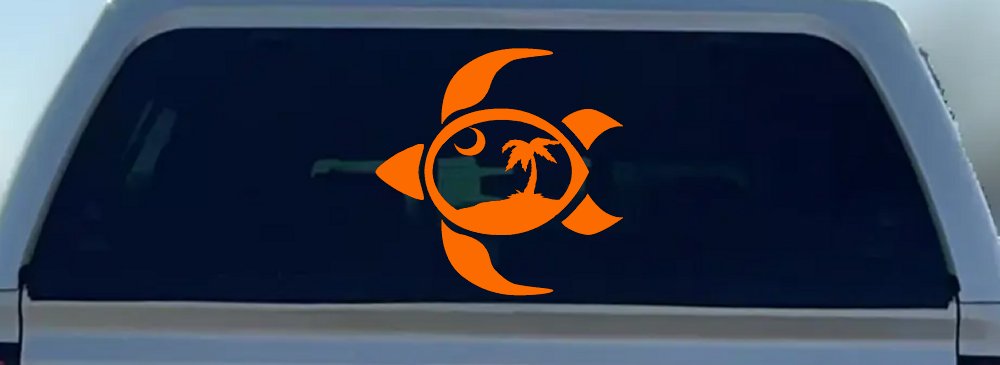 Sea Turtle Palmetto Palm Tree Moon Car or Truck Window Decal Sticker (Orange)