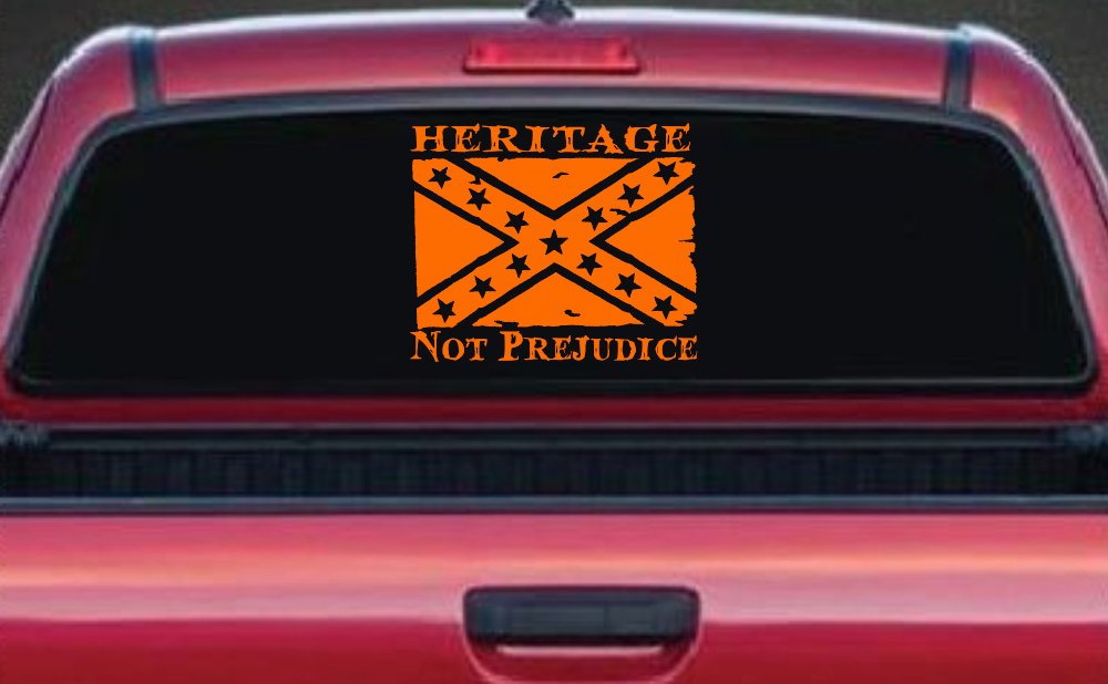 Heritage Not Prejudice Confederate Flag Country Car or Truck Window Decal Sticker (Orange)