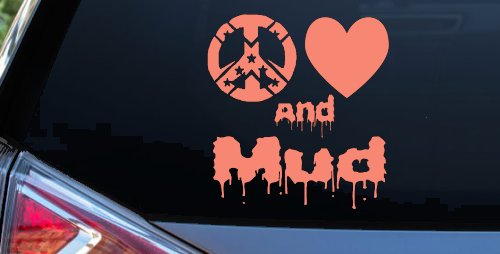 Peace Love And Mud Off Road Car or Truck Window Decal Sticker (Coral)
