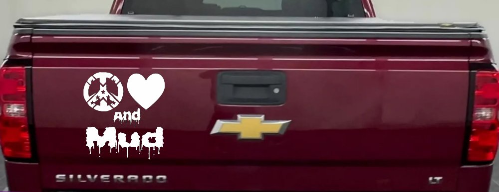 Peace Love And Mud Off Road Car or Truck Window Decal Sticker (White)