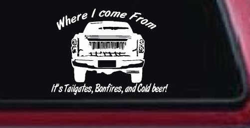 Where I Come from It's Tailgates Bonfires And Cold Beer Country Car or Truck Window Decal Sticker (White)