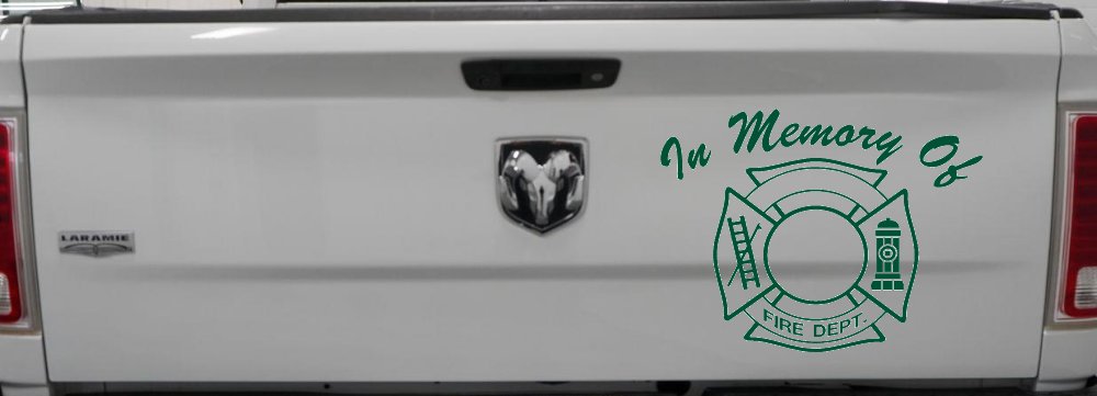 In Memory Of Fire Fighters Badge Car or Truck Window Vinyl Decal Sticker (Dark Green)