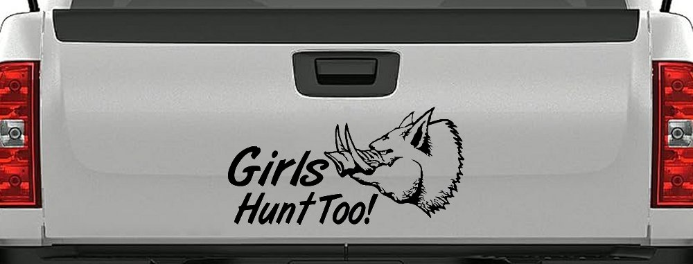 Girls Hunt Too Hog Hunting Car or Truck Window Decal Sticker (Black)