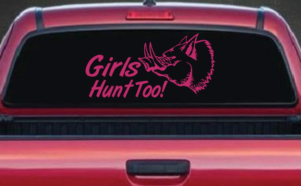 Girls Hunt Too Hog Hunting Car or Truck Window Vinyl Decal Sticker (Hot Pink)