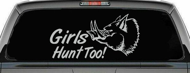 Girls Hunt Too Hog Hunting Car or Truck Window Decal Sticker (Light Gray)