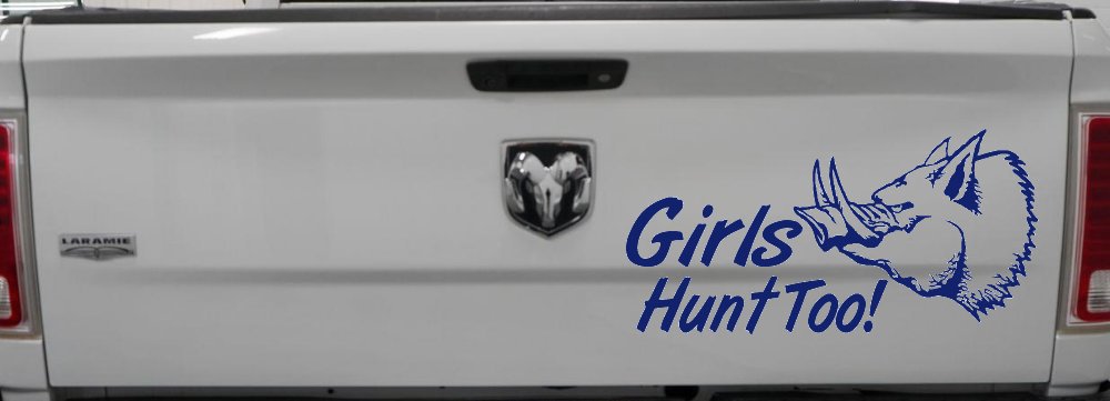 Girls Hunt Too Hog Hunting Car or Truck Window Vinyl Decal Sticker (Navy)