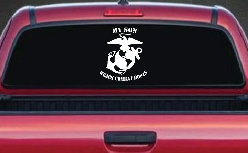 My Son Wears Combat Boots Marines Military Car or Truck Window Decal Sticker (White)