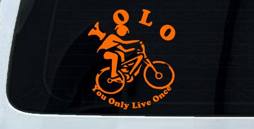 YOLO You Only Live Once Mountain Biker Sports Car or Truck Window Decal Sticker (Orange)