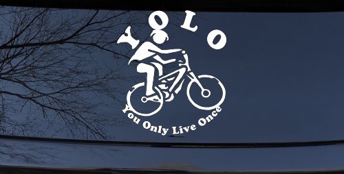 YOLO You Only Live Once Mountain Biker Sports Car or Truck Window Decal Sticker (White)