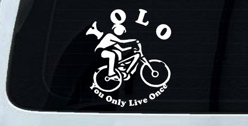 YOLO You Only Live Once Mountain Biker Sports Car or Truck Window Decal Sticker (White)
