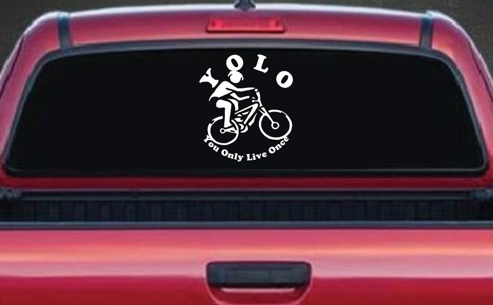 YOLO You Only Live Once Mountain Biker Sports Car or Truck Window Decal Sticker (White)