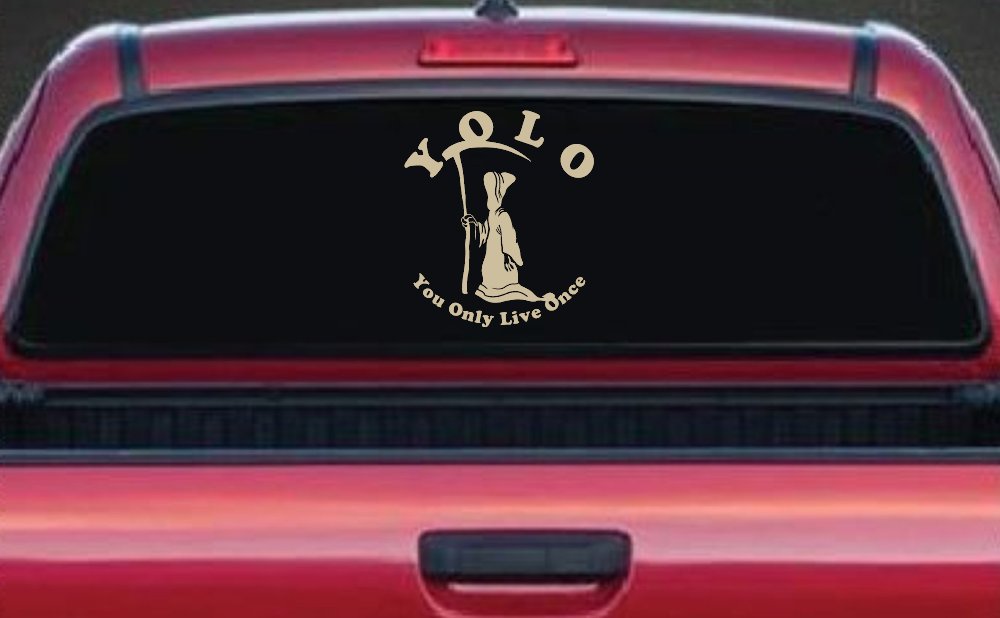 YOLO You Only Live Once Grim Reaper Funny Car or Truck Window Decal Sticker (Desert Sand)