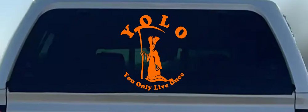 YOLO You Only Live Once Grim Reaper Funny Car or Truck Window Decal Sticker (Orange)