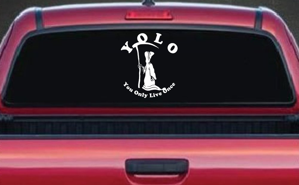 YOLO You Only Live Once Grim Reaper Funny Car or Truck Window Decal Sticker (White)