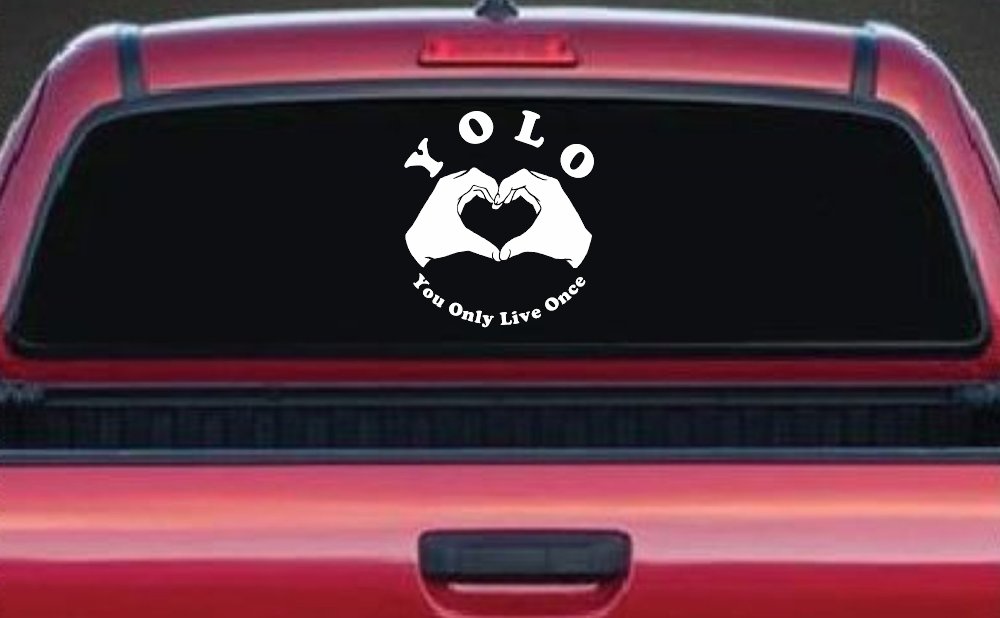 YOLO You Only Live Once Heart Hands Car or Truck Window Vinyl Decal Sticker (White)