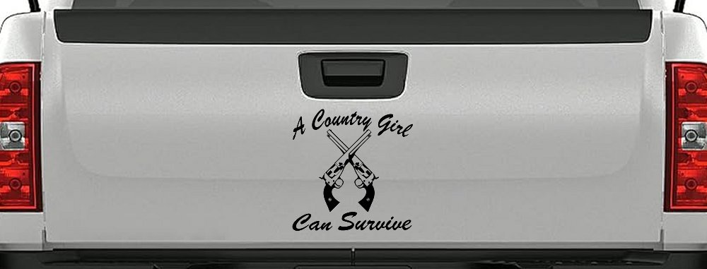 A Country Girl Can Survive Crossed Pistols Guns Car or Truck Window Decal Sticker (Black)