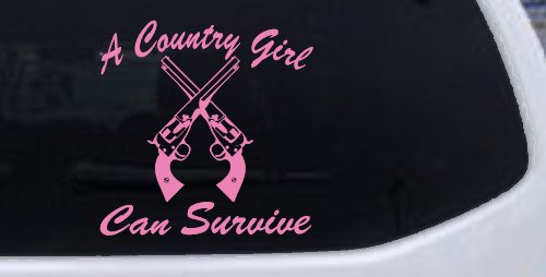 A Country Girl Can Survive Crossed Pistols Guns Car or Truck Window Vinyl Decal Sticker (Pink)