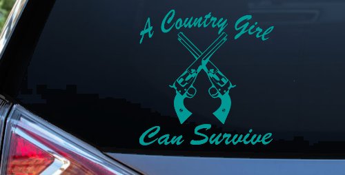 A Country Girl Can Survive Crossed Pistols Guns Car or Truck Window Vinyl Decal Sticker (Turquoise)