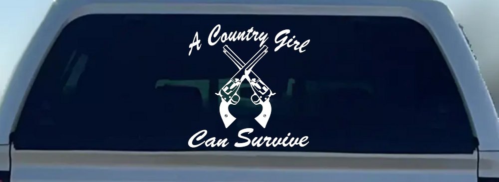 A Country Girl Can Survive Crossed Pistols Guns Car or Truck Window Vinyl Decal Sticker (White)