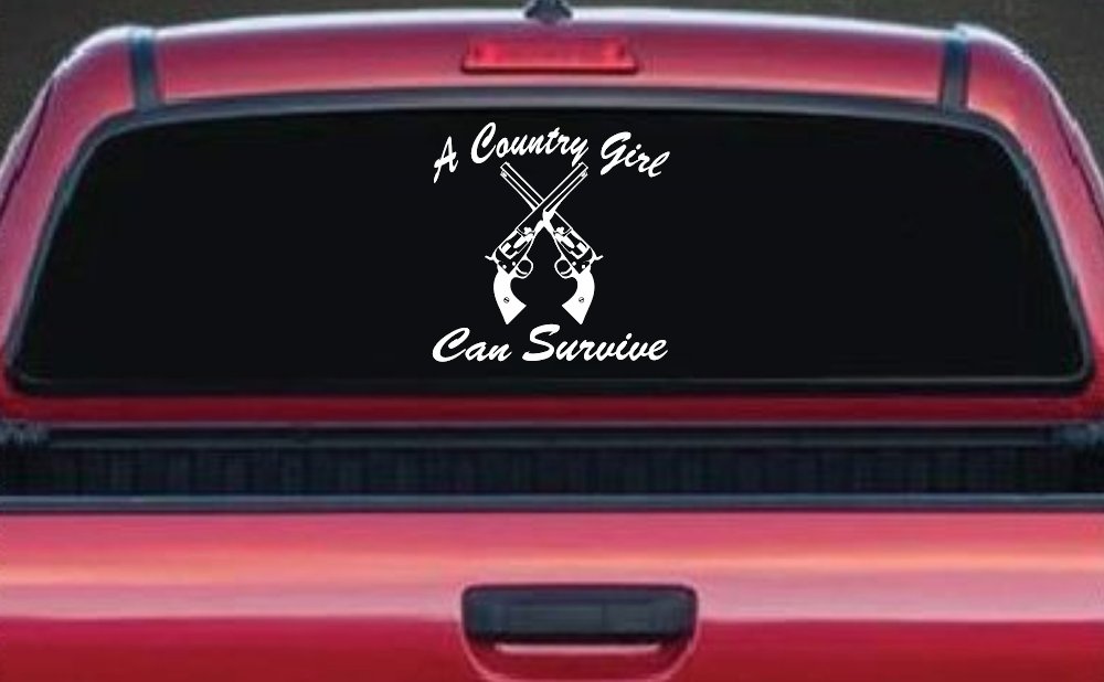 A Country Girl Can Survive Crossed Pistols Guns Car or Truck Window Vinyl Decal Sticker (White)