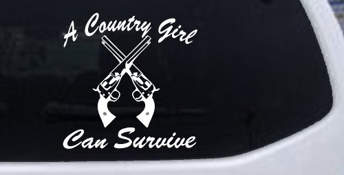 A Country Girl Can Survive Crossed Pistols Guns Car or Truck Window Vinyl Decal Sticker (White)