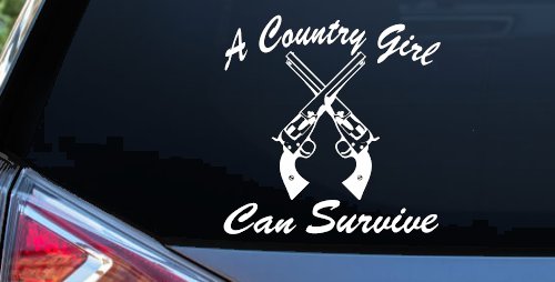 A Country Girl Can Survive Crossed Pistols Guns Car or Truck Window Vinyl Decal Sticker (White)