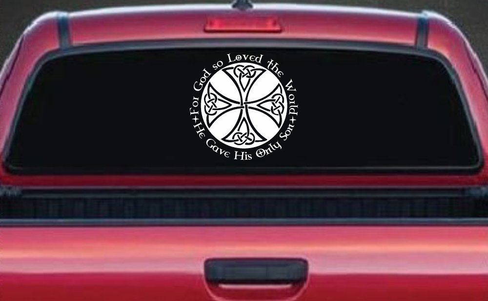 Celtic Cross John 3:16 God Loved the World Christian Car or Truck Window Decal Sticker (White)