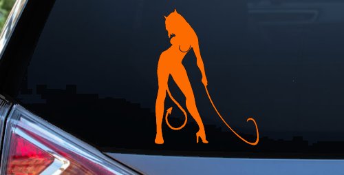 Devil Girl With Whip Car or Truck Window Decal Sticker (Orange)