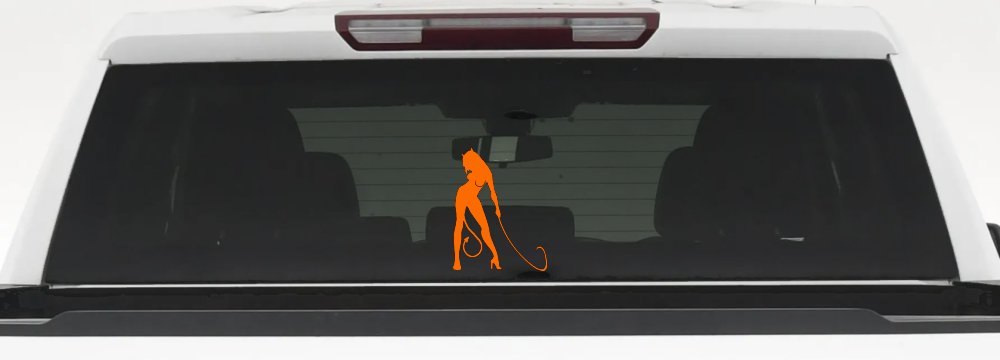 Devil Girl With Whip Car or Truck Window Decal Sticker (Orange)